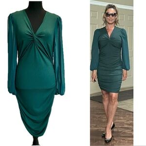 Seductions dark green ribbed front twist knot V-neck bodycon mini dress Sz M